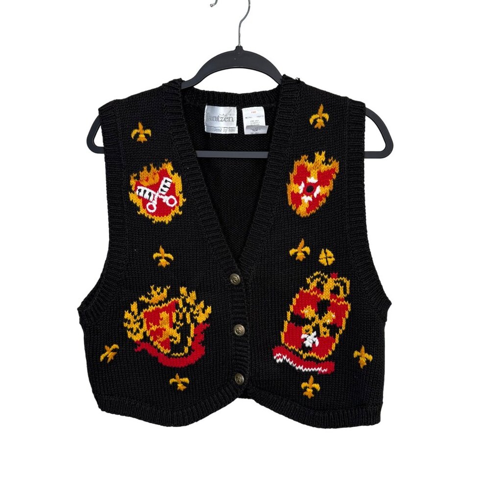 Vintage Jantzen Black Knit Sleeveless Vest Crest Patterns Button-Up Front Size L